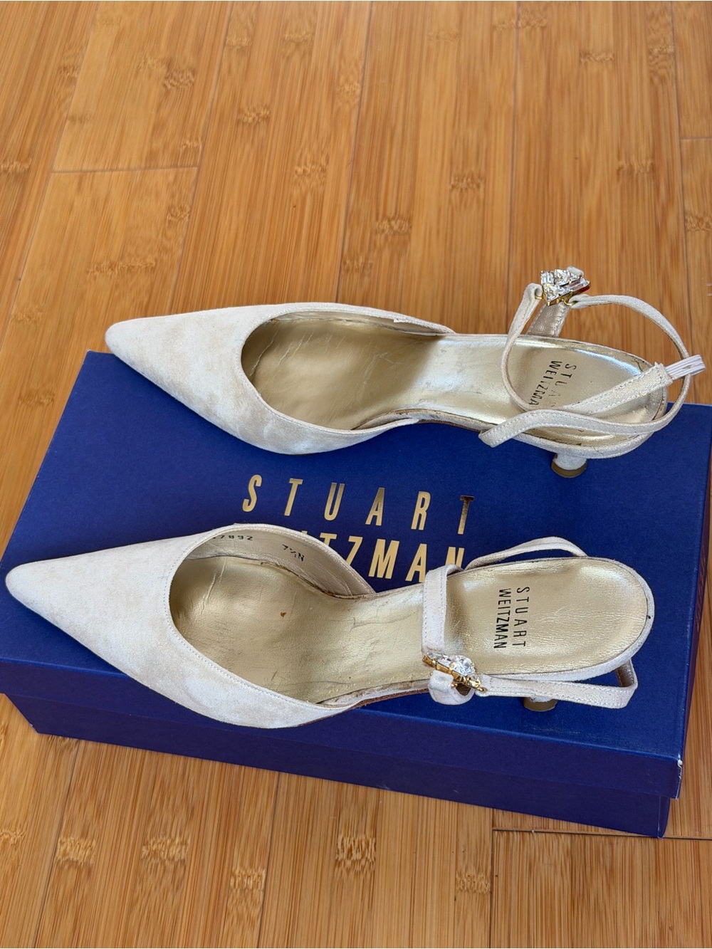 Stuart Weitzman Ivory Pointed Slingback Heels with Jewel Buckle